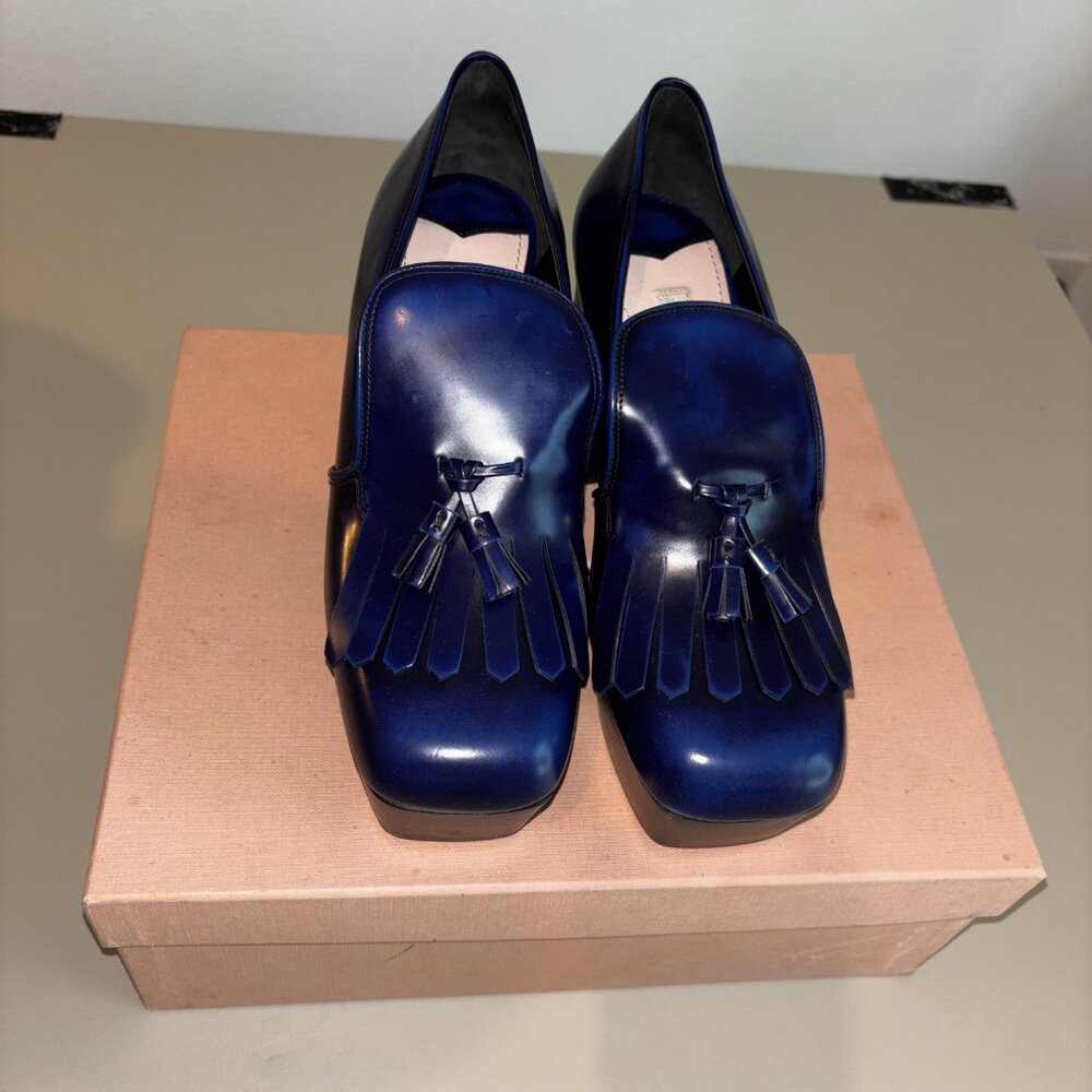 Miu Miu Blue Leather Platform Tassel Loafers Heels Size 37
